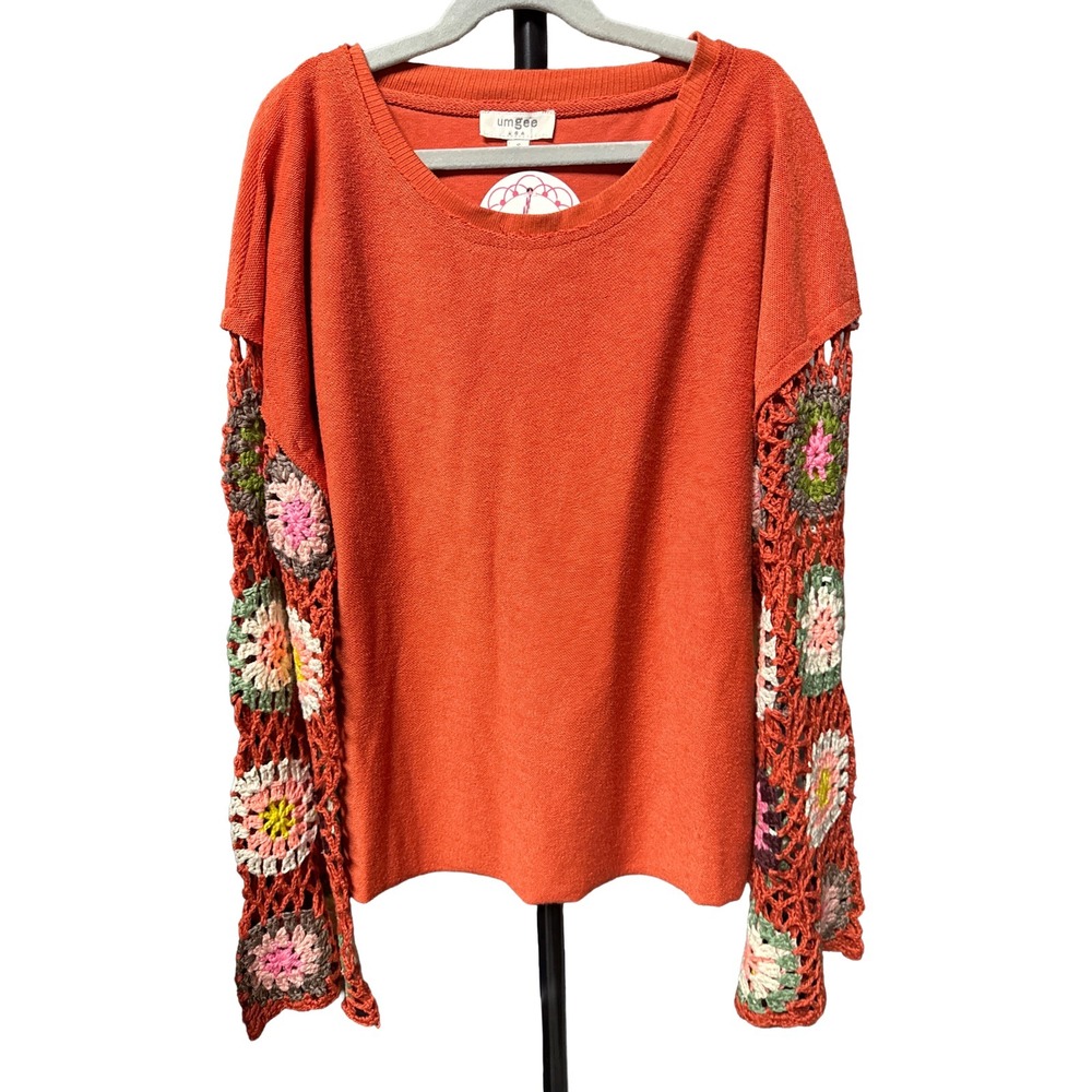 Umgee Floral Top Crochet Sleeve Orange Granny Square Boho Blouse Relaxed S NWT